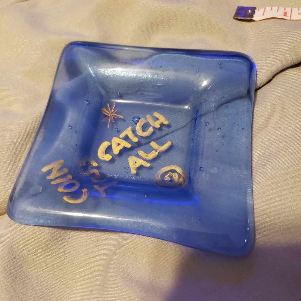 Handmade Blue Glass Catch-All Dish Trinket Tray "Coin Toss Catch All"